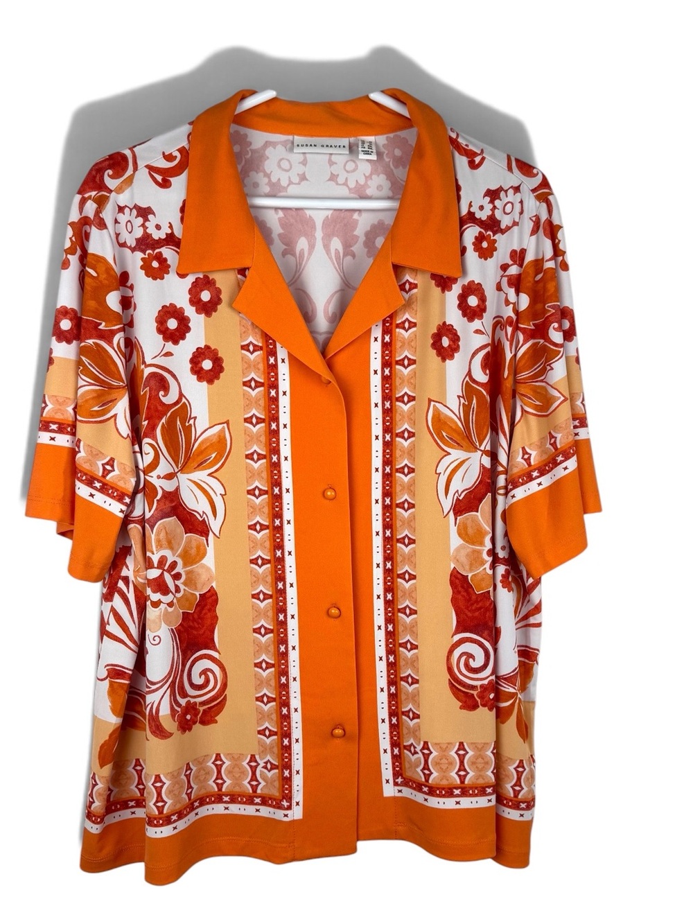 Susan Graver Liquid Knit Button Front Camp Shirt Orange Plus Size 1X Floral